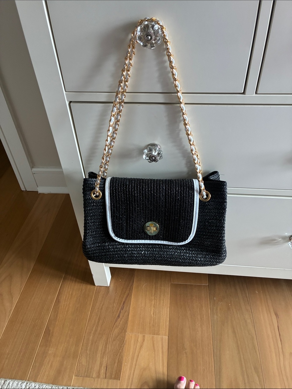 Black Woven Shoulder Bag with White Trim and Gold Chain